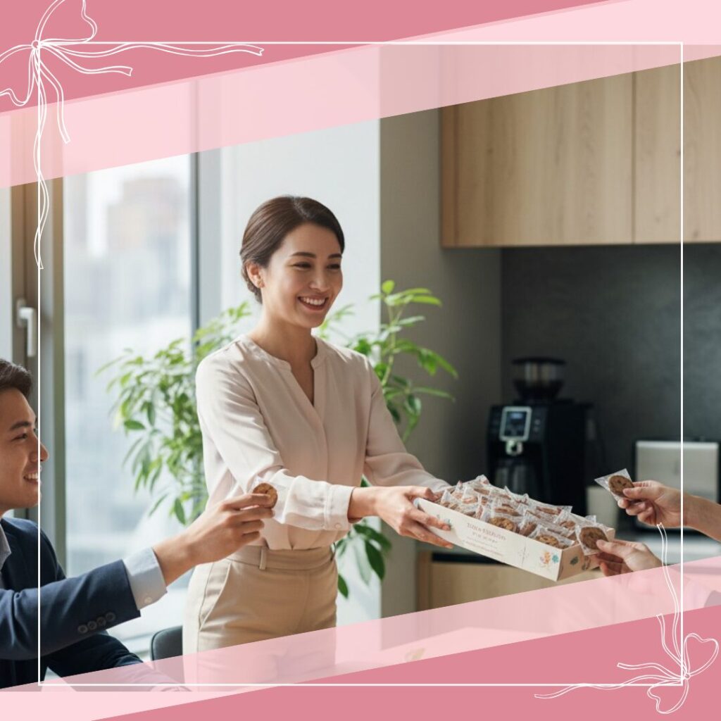 女性社員が同僚にお菓子を差し出す場面。職場における“気遣い”としてのお土産文化を表現。
