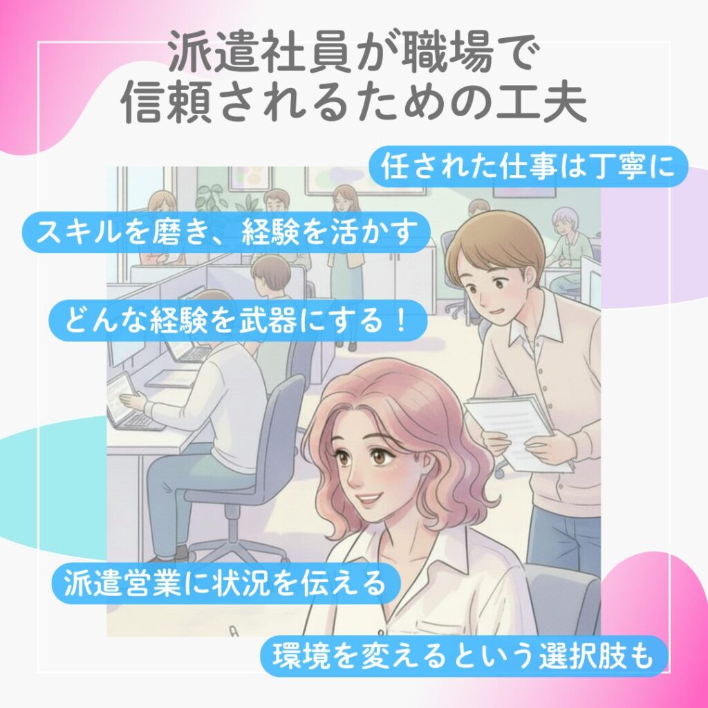 派遣社員が職場で信頼を得るための行動や考え方を図解したイメージ