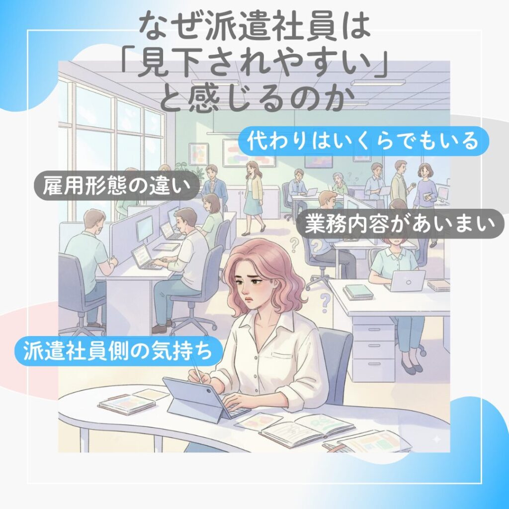 登録・雇用形態・職場文化など、派遣社員が見下される要因をまとめた図