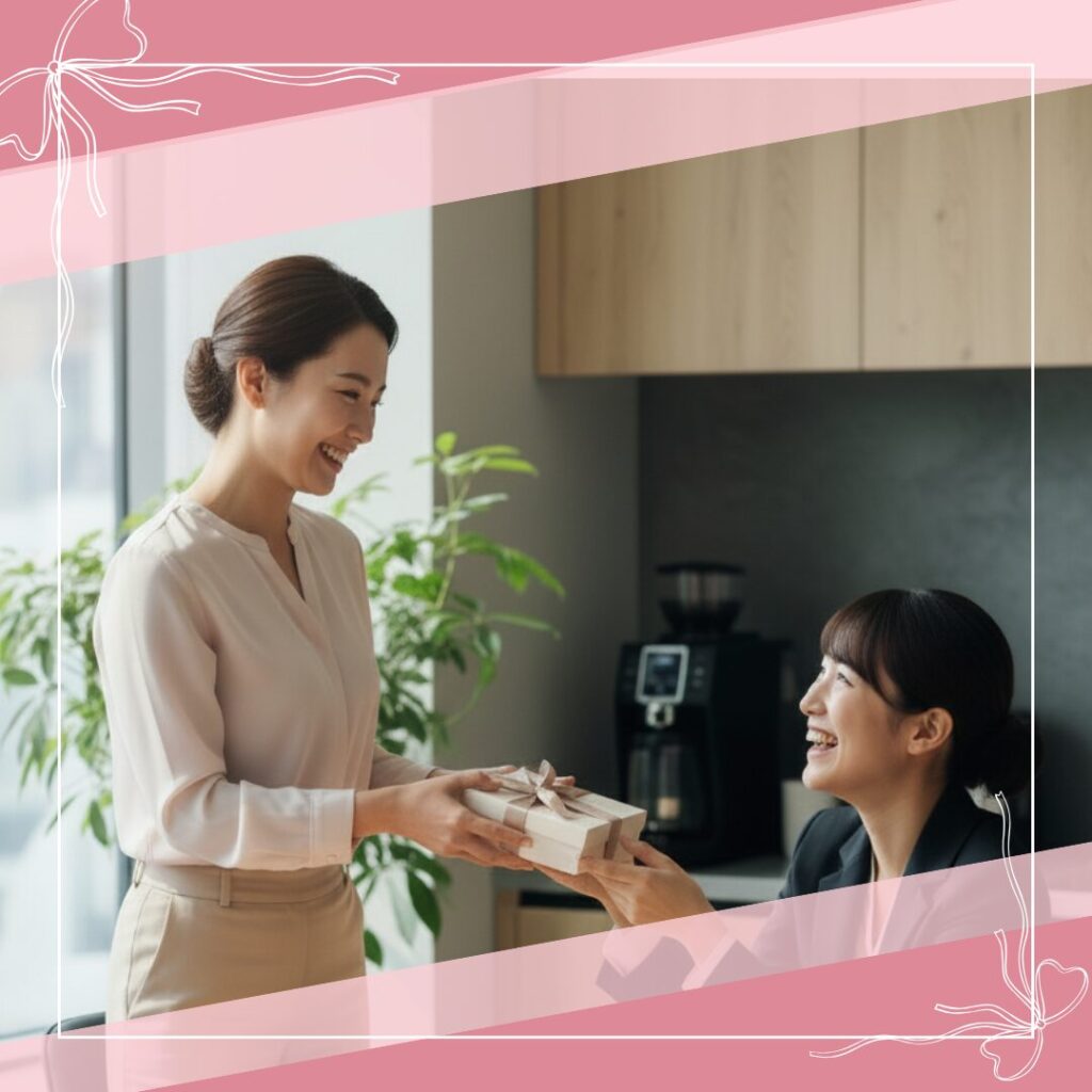 小さな贈り物を手渡す女性と笑顔の同僚。“渡したい人に渡す”という、気持ちのこもったやりとりを描いた画像。