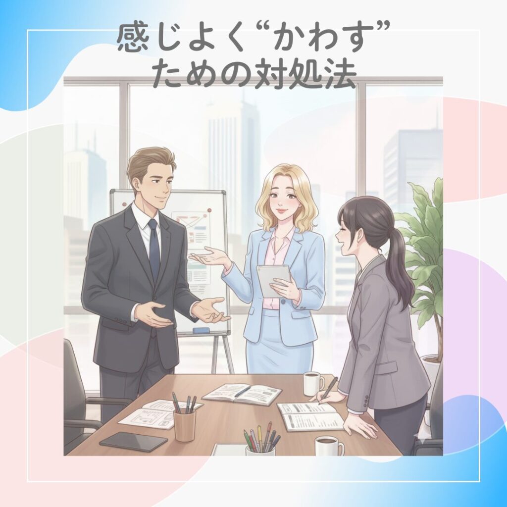 オフィスで周囲の人たちと笑顔で接する女性のイラスト。職場の自己開示を感じよくかわすコミュニケーションの様子を表現。