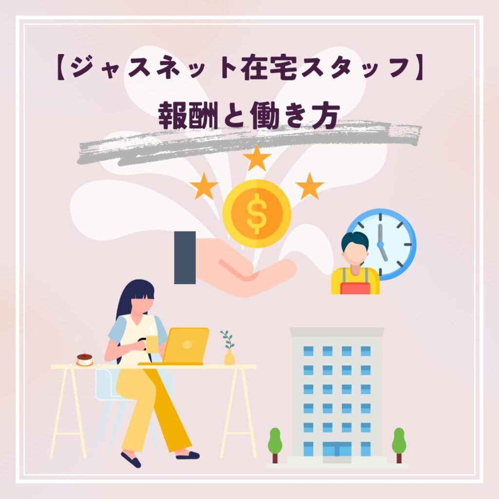 ジャスネット在宅スタッフの報酬体系と働き方をイメージした図解。お金と働く女性のイラスト。