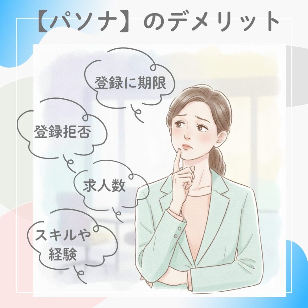 パソナ派遣のデメリットについて考えるスーツ姿の女性のイラスト。登録制度や求人の傾向などの注意点を表現。