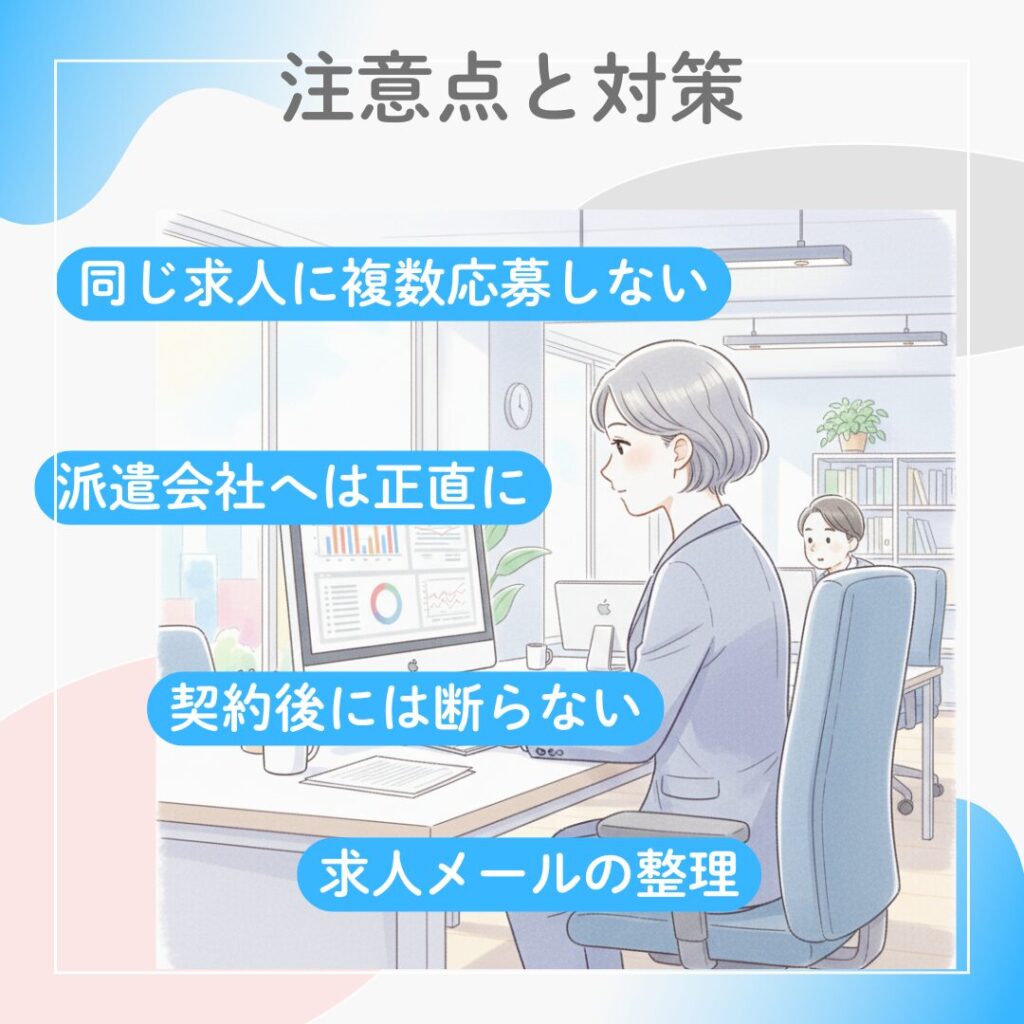 派遣会社を複数登録する際の注意点と対策を示す図解。PCの前で熱心に働く女性のイラストと簡単なテキストで、実務的な視点を表現。