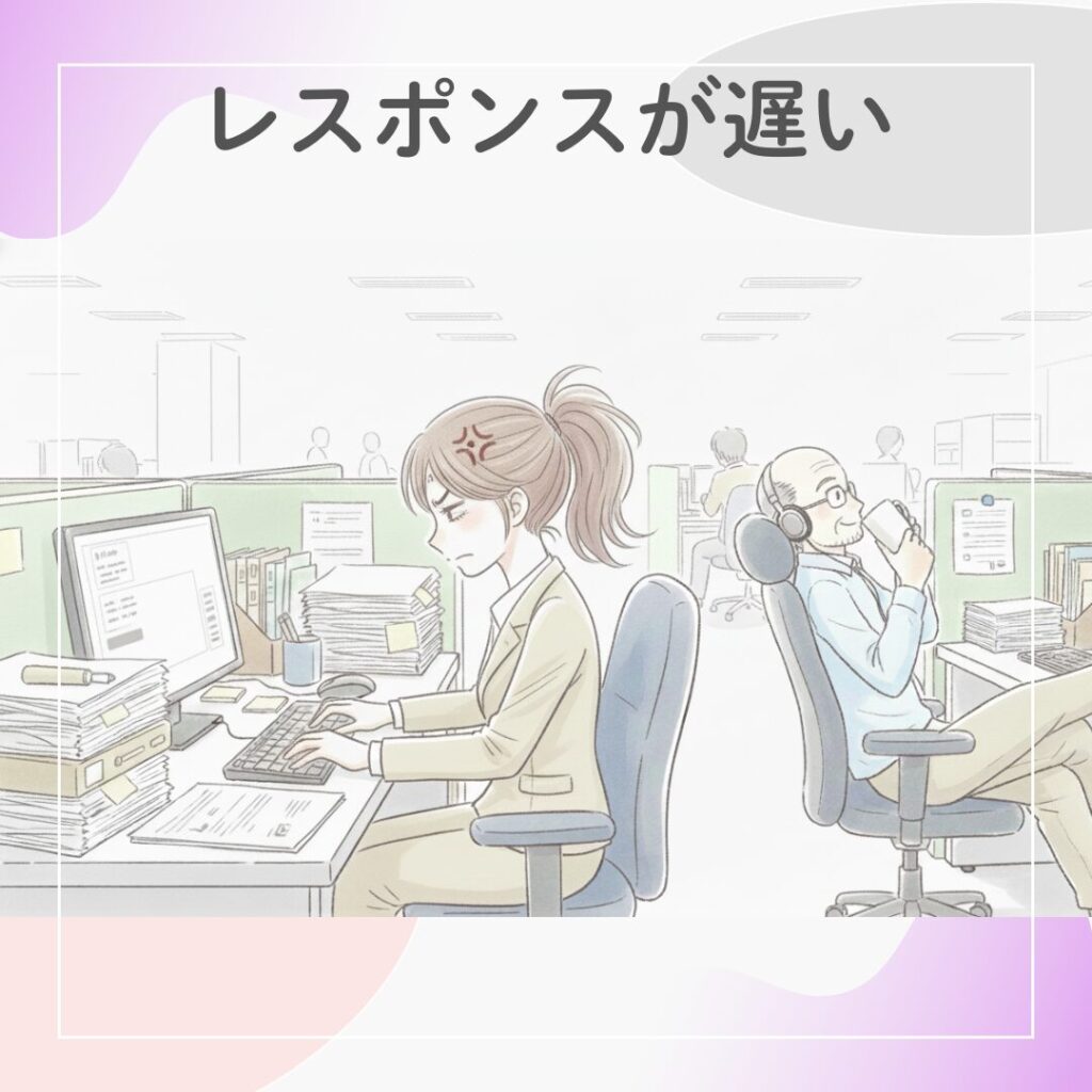 確認や承認が進まず、イラっとしている女性社員を描いたイラスト。
