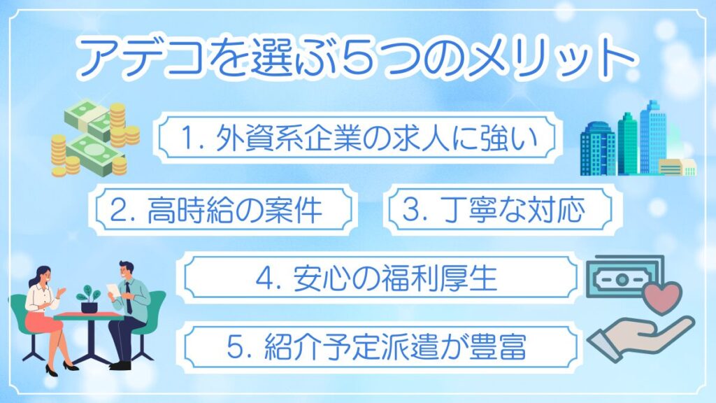 アデコを利用して感じた5つのメリットを紹介する図解。派遣歴30年の著者kanaが、働きやすさ・サポート体制・求人の質などを実体験にもとづいてまとめています。