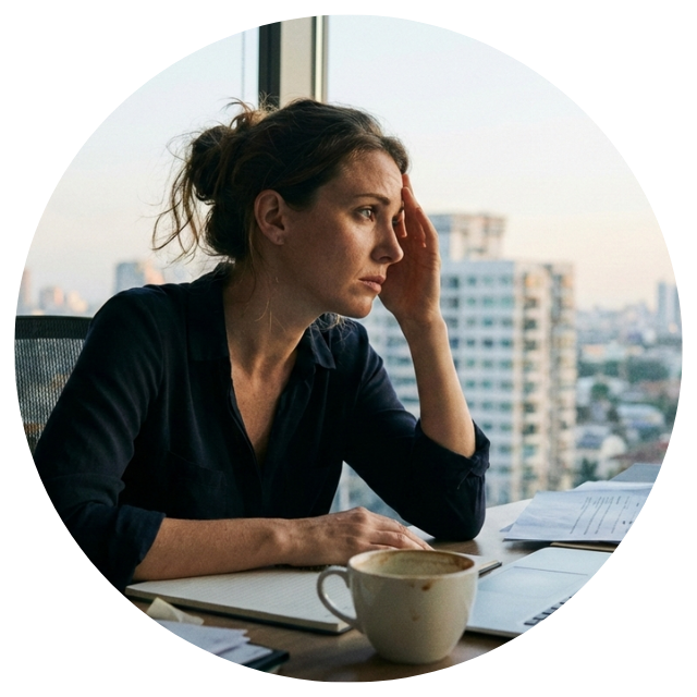 今後のキャリアや働き方について、落ち着いた表情で考え込む40代・50代の女性