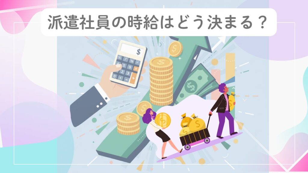 派遣社員の時給がどのように決まるかを示した図解。矢印や電卓、お金のイラストを使って、時給アップの仕組みと可能性を視覚的に説明している。