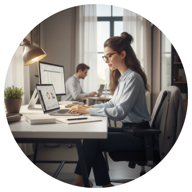 前向きな表情でExcelや事務スキルの勉強に取り組む派遣社員の女性