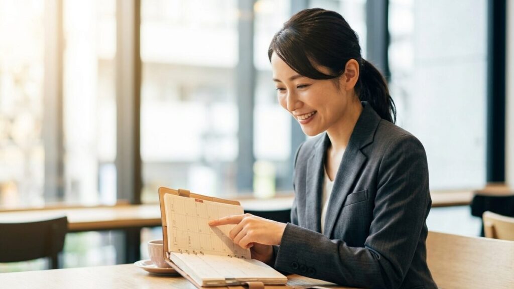 転職活動中にスーツ姿でポイントを確認し、次の職場を楽しみに微笑む女性。派遣から正社員への成功イメージ。