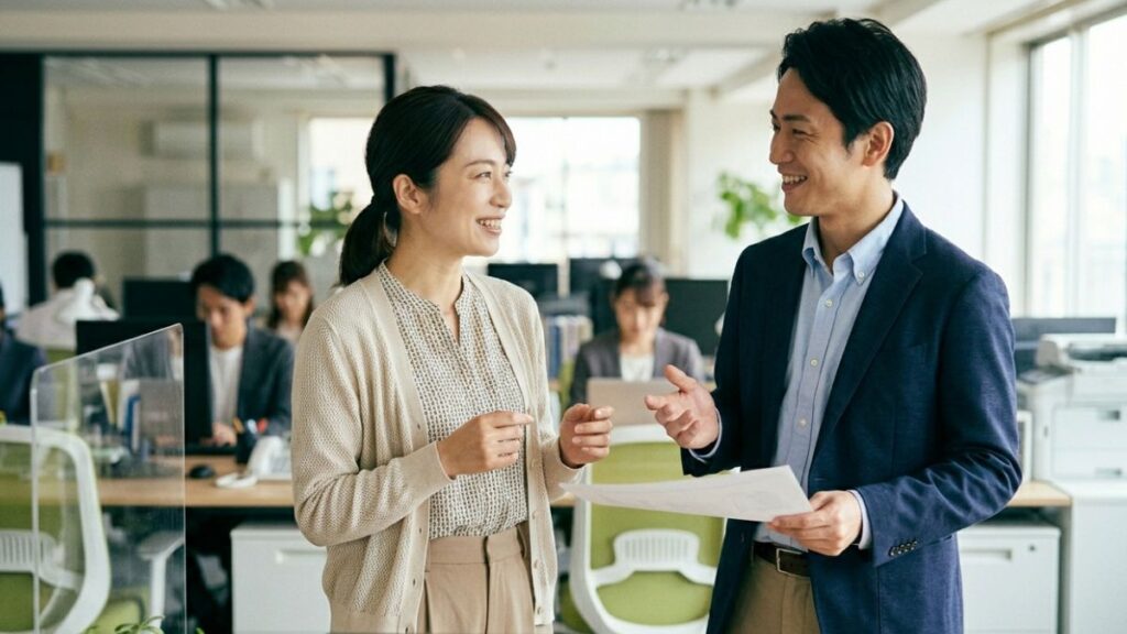 職場で上司（現場担当者）に対して、笑顔で和やかに有給休暇の相談・報告をする派遣社員の女性。