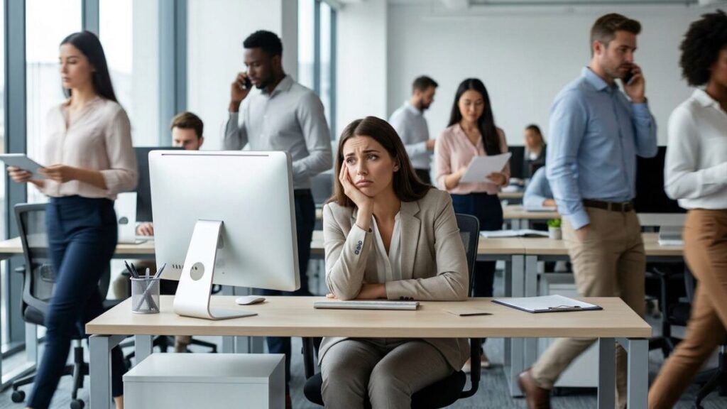 忙しそうなオフィスの中で一人手持ち無沙汰な表情で座っている派遣社員の女性