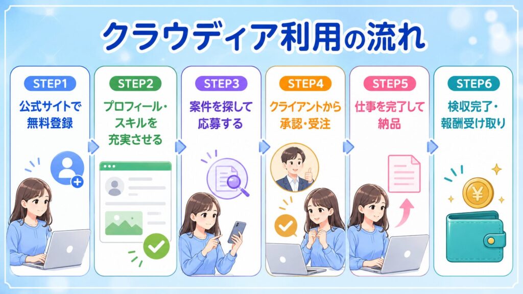 クラウディア利用の流れ|無料登録→プロフィール作成→案件応募→受注→納品→報酬受け取りの6ステップ