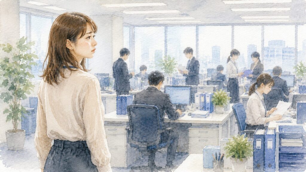 仕事が減り、更新されるか不安に思いながら職場を見渡す派遣社員の女性