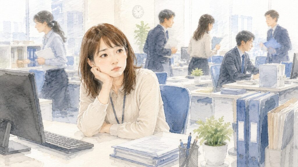 仕事がなく手持ち無沙汰にデスクに座っている派遣社員の女性