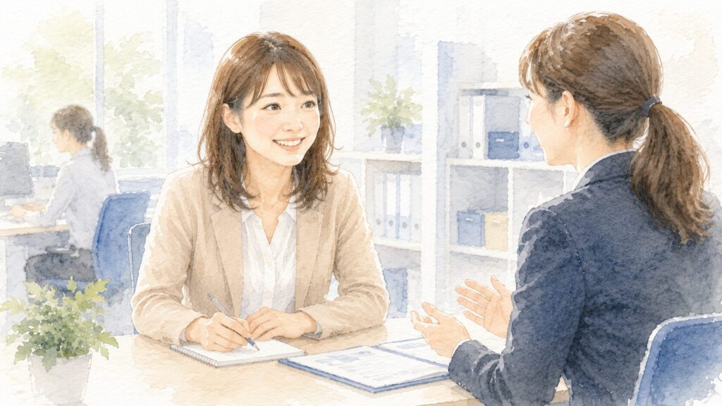 契約終了後、派遣会社の担当者と次の仕事について前向きに相談する女性