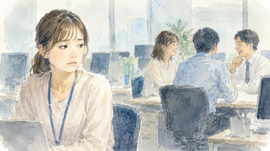 派遣先の社員と距離を感じている派遣社員のイメージ