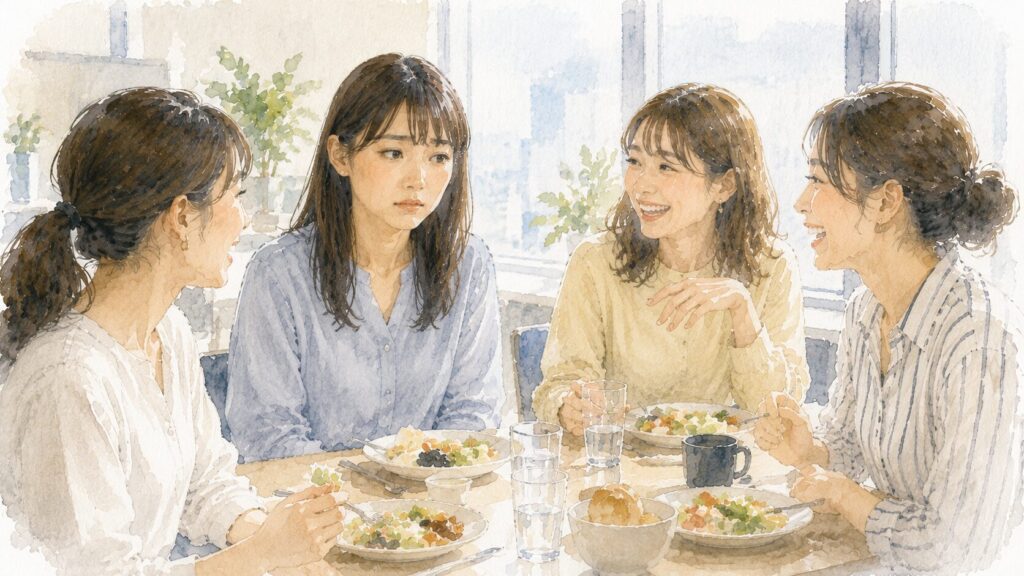 職場のランチ会に参加しているが楽しめずにいる派遣社員のイメージ