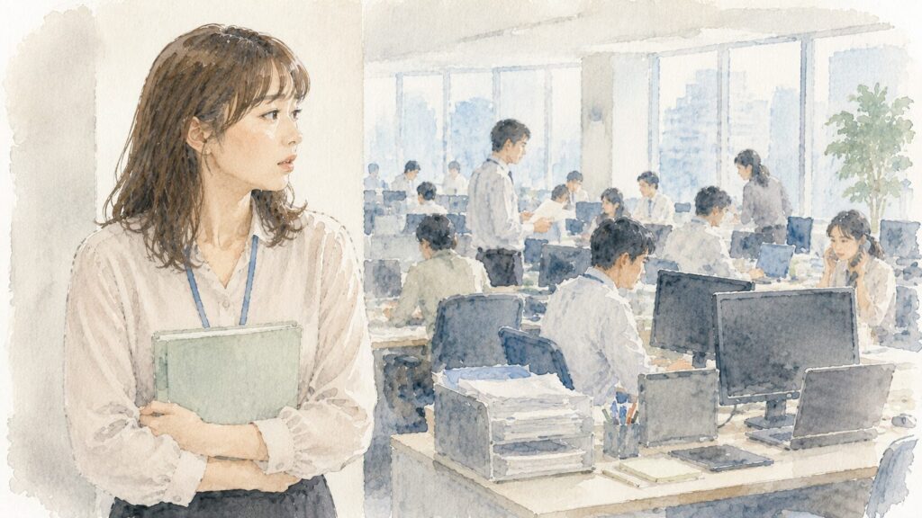 オフィスで契約更新への不安を感じている派遣社員のイメージ