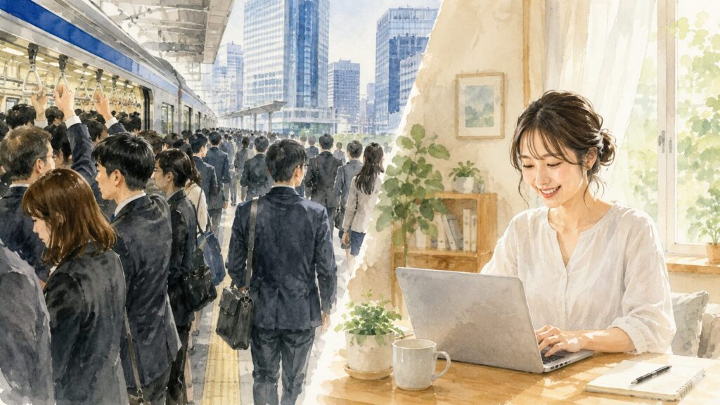 満員電車での出社と、自宅でのリモートワークを対比したイメージ