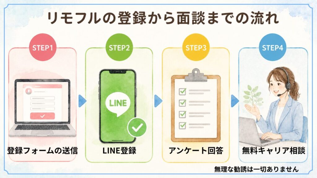 リモフルの登録から相談までの4ステップ(フォーム送信・LINE登録・アンケート回答・キャリア相談)を示した図