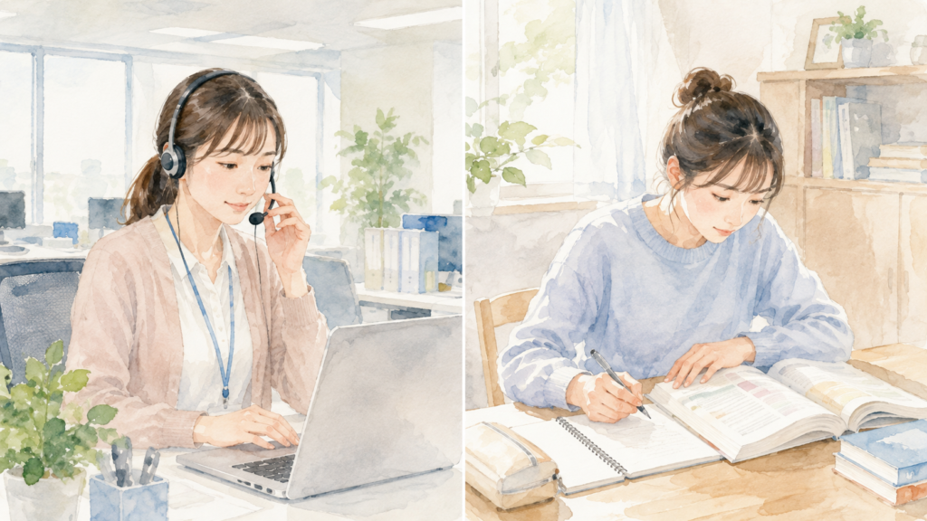 相談窓口のスタッフと資格の勉強をする女性