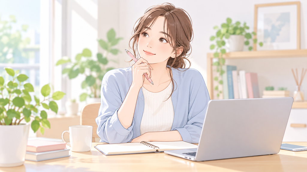 自宅でノートパソコンとノートを前に、これからの働き方について考える女性のイラスト